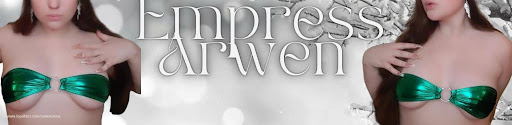 Static banner with two images on each side of a banner of Empress Arwen in emerald underboobs bikini and gothic font signature Empress Arwen in the middle.