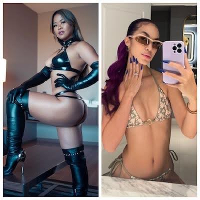 Collage of two pictures on a left Mistress Sydney Lee in black domme leather bikini and knee-high boots on a right Goddess Jasmine making selfie near the mirror in a bikini and sunglasses.