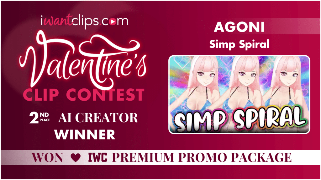 Static banner announcing Agoni won 2nd place as AI creator in iWantClips Valentine’s Day Contest