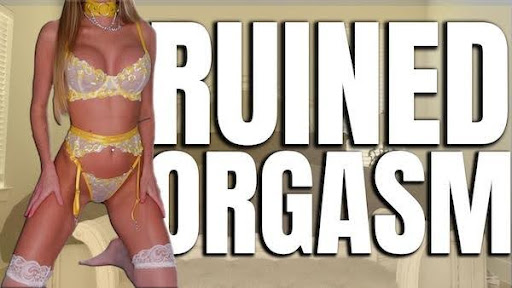 Static banner with signature RUINED ORGASM and nude Goddess in lace lingerie standing on a knees near the signature