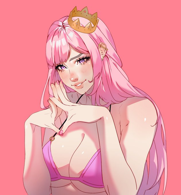 Agoni character with huge bubs in pink bra and small princess golden crown on the side of her pink hair