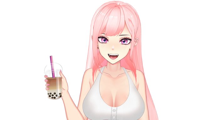 Agoni in white top to underline huge bubs smiling and holding a beverage in disposable plastic cup with straw