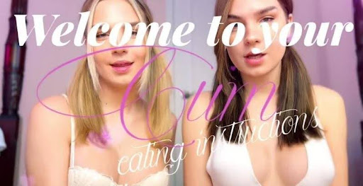 The Supreme Twins (Princess Viviane and Goddess Angelica) posing in white bras on banner with signature Welcome to Your Cum