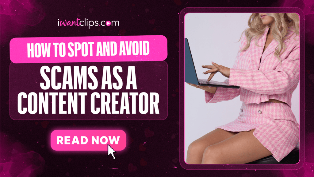 static banner with female video content creator in pink dress holding a laptop and byline: How to Spot and Avoid Scams as an Adult Content Creator
