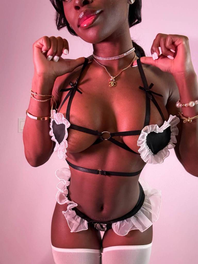 iLov3chanel (Chanel Jade) is posing in black outspoken lingerie
